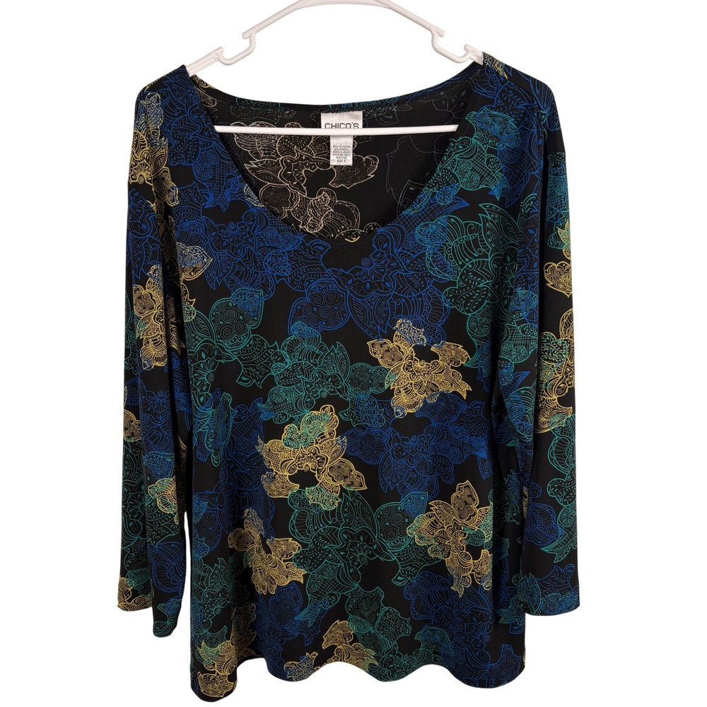 Chico's Top Women's 3/XL Black Blue Green Scoop Neck Lightweight Travel Career